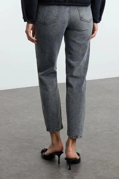 Kadın Moda Şık Kot Pantolon Dar Paça Regular Boy Denim Antrasit Yüksek Bel Mom Jeans - 5