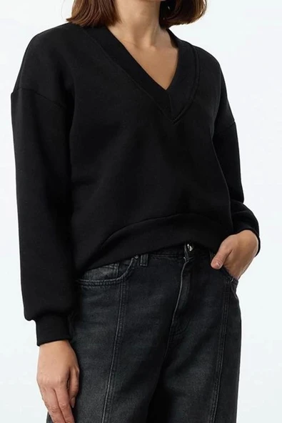 Kadın Regular V Yaka Düşük Kol Regular Basic Normal Kalıp V yaka Kalın İçi Polarlı Örme Sweatshirt