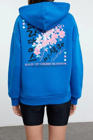 Kadın Moda Şık Bol Kapüşonlu Düşük Kol Uzun Ön Arka Baskılı Geniş Kalıp Örme Sweatshirt - 5