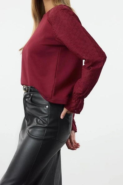 Kadın Regular Bisiklet Yaka Reglan Kol Regular Brode Dokuma Detaylı Normal Kalıp Örme Sweatshirt - 3