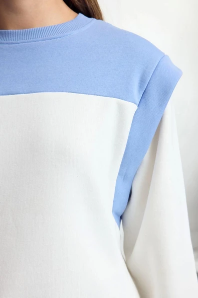 Kadın Moda Regular Bisiklet Yaka Düşük Kol Regular Kalın İçi Polarlı Normal Kalıp Örme Sweatshirt - 4