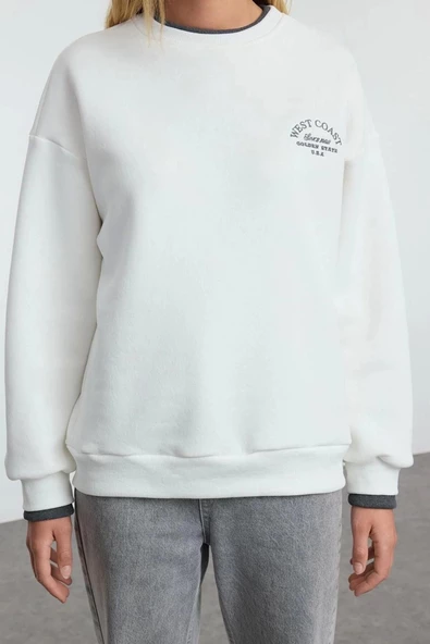 Kadın Moda Bol Bisiklet Yaka Düşük Kol Uzun Slogan Nakışlı Kalıp Kalın İçi Polarlı Örme Sweatshirt
