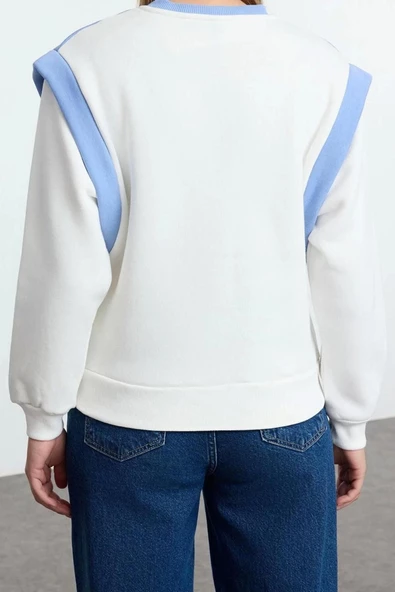 Kadın Moda Regular Bisiklet Yaka Düşük Kol Regular Kalın İçi Polarlı Normal Kalıp Örme Sweatshirt - 5