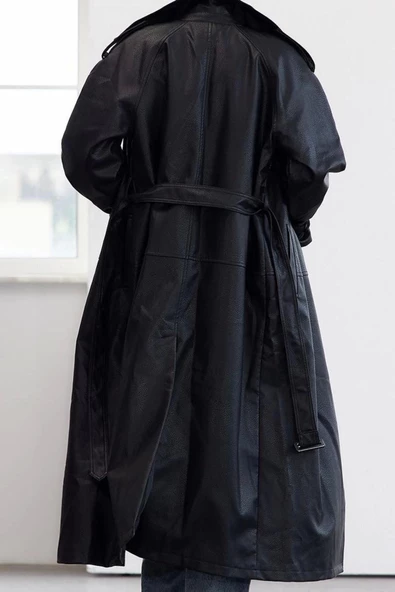 Kadın Moda Şık Oversize Ceket Yaka Uzun Düz Astarlı Kemerli Oversize Suni Deri Trençkot - 4