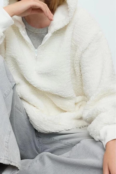 Kadın Moda Şık Bol Kapüşonlu Düşük Kol Uzun Fermuarlı Overize Geniş Kalıp Peluş Örme Sweatshirt - 2