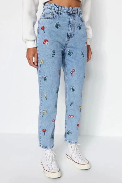 Kadın Moda Şık Kot Pantolon Dar Paça Regular Boy Denim Mavi Nakışlı Yüksek Bel Mom Jeans - 5