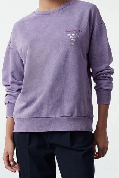 Kadın Moda Bol Bisiklet Yaka Düşük Kol Uzun Ön ve Sırt Baskılı Yıkamalı Geniş Kalıp Örme Sweatshirt - 3