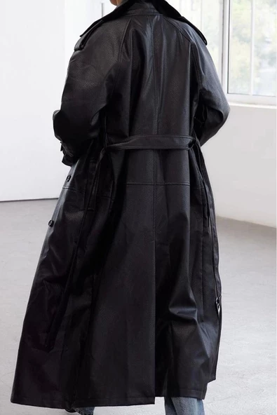 Kadın Moda Şık Oversize Ceket Yaka Uzun Düz Astarlı Kemerli Oversize Suni Deri Trençkot - 3