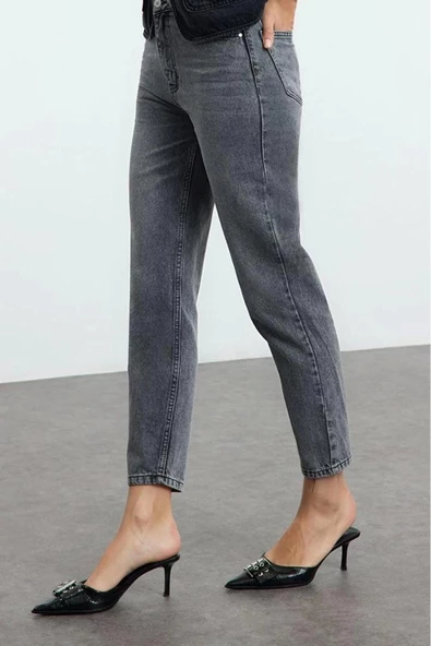 Kadın Moda Şık Kot Pantolon Dar Paça Regular Boy Denim Antrasit Yüksek Bel Mom Jeans - 3