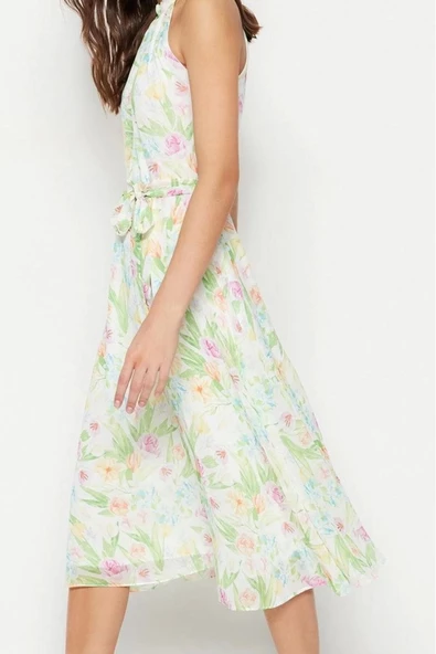 Kadın Moda Midi Boy Halter Yaka Regular Çiçek Desenli Kuşaklı A Kesim Kolsuz Astarlı Dokuma Elbise - 2