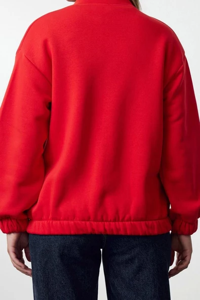 Kadın Oversize Bisiklet Yaka Düşük Kol Uzun Fermuarlı Geniş Kalıp Kalın İçi Polarlı Örme Sweatshirt - 5