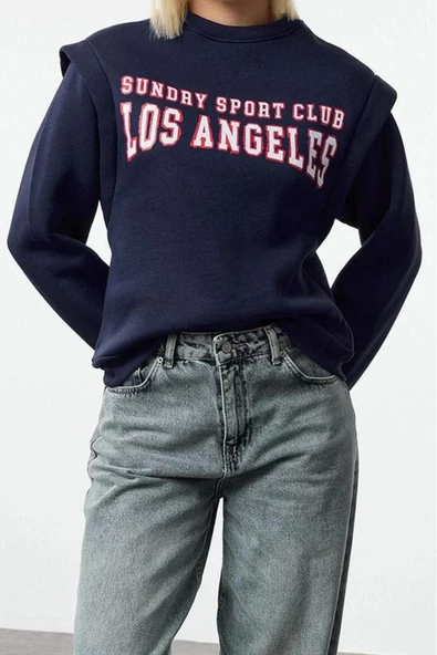 Kadın Bisiklet Yaka Düşük Kol Slogan Baskılı Geniş Kalıp Kalın İçi Polarlı Örme Sweatshirt - 3
