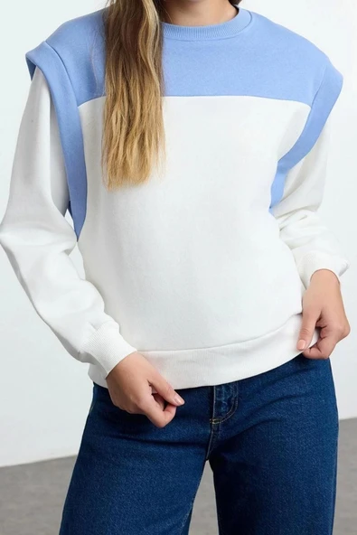 Kadın Moda Regular Bisiklet Yaka Düşük Kol Regular Kalın İçi Polarlı Normal Kalıp Örme Sweatshirt - 3