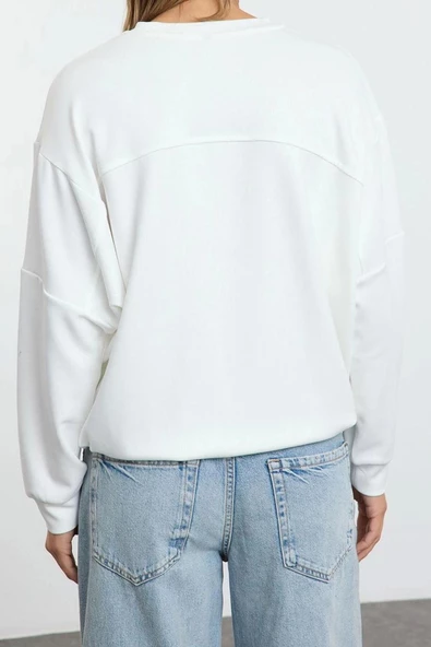 Kadın Bol Bisiklet Yaka Düşük Kol Uzun Yumuşak Tuşeli Paraşüt Cep Geniş Kesim Örme Sweatshirt - 5