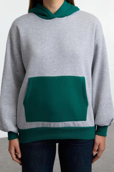 Kadın Moda Şık Bol Kapüşonlu Düşük Kol Uzun Geniş Yaka Kalın İçi Polarlı Örme Sweatshirt