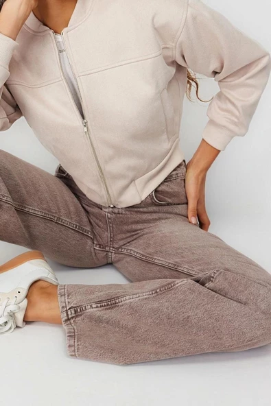 Kadın Moda Şık Bol Hakim Yaka Crop Düz Astarlı Oversize Süet Bomber Ceket Mont - 4