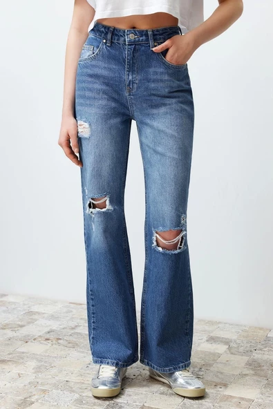 Kadın Moda Şık Kot Pantolon Geniş Paça Regular Boy Denim Mavi Yırtıklı Yüksek Bel Jeans