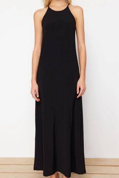Kadın Moda Şık Maxi Boy Halter Yaka Slim Soyut A-line Çan Açılan Esnek Örme Kalem Elbise