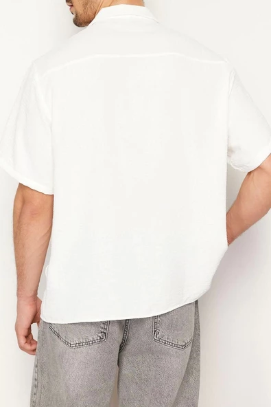 Erkek Moda Kısa Kol Dokuma Beyaz Oversize Fit Yazlık  Keten Görünümlü Gömlek - 5