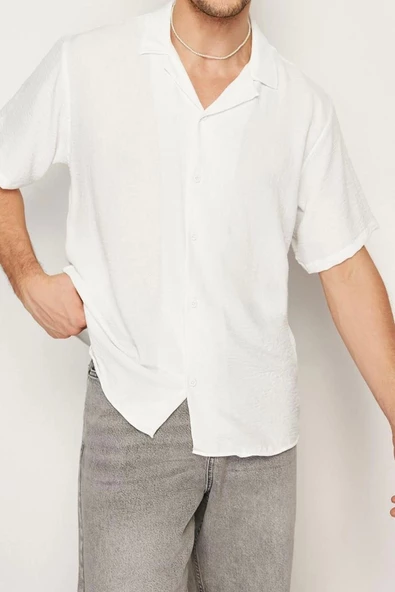 Erkek Moda Kısa Kol Dokuma Beyaz Oversize Fit Yazlık  Keten Görünümlü Gömlek - 2