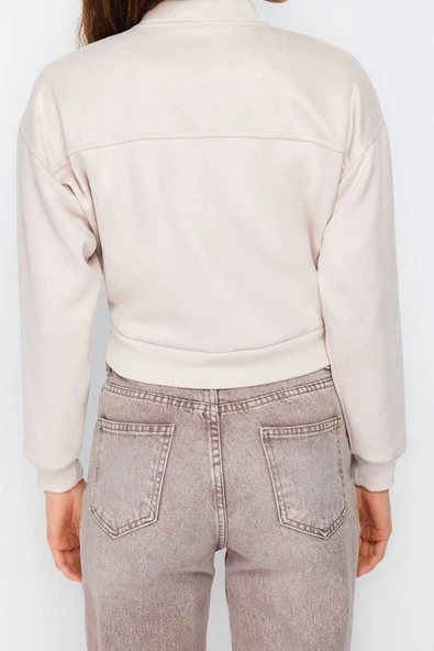 Kadın Moda Şık Bol Hakim Yaka Crop Düz Astarlı Oversize Süet Bomber Ceket Mont - 6