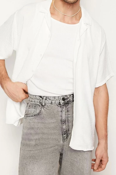 Erkek Moda Kısa Kol Dokuma Beyaz Oversize Fit Yazlık  Keten Görünümlü Gömlek - 4