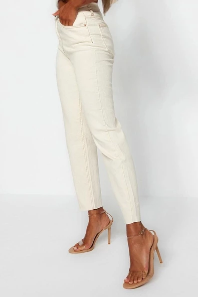 Kadın Moda Şık Kot Pantolon Boru Paça Uzun Boy Denim Ekru Yüksek Bel Slim Mom Jeans - 3