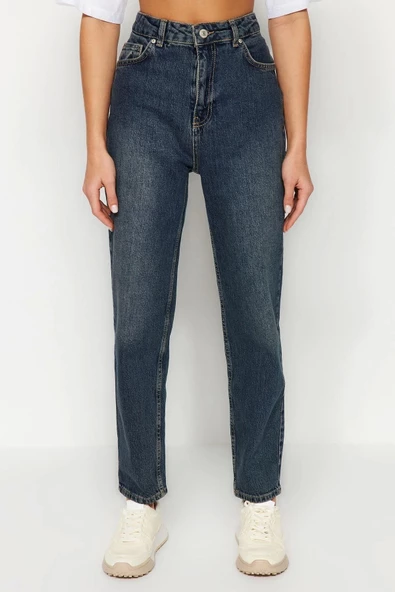 Kadın Moda Şık Kot Pantolon Boru Paça Regular Boy Denim Mavi Yüksek Bel Slim Mom Jeans
