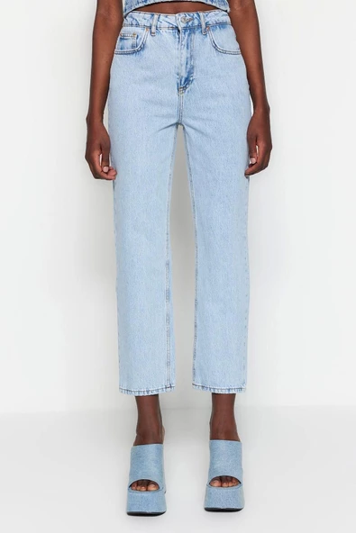 Kadın Moda Şık Kot Pantolon Boru Paça Regular Boy Denim Yüksek Bel Straight Jeans