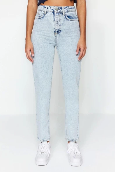 Kadın Moda Şık Kot Pantolon Geniş Paça Regular Boy Denim Yüksek Bel Mom Jeans - 5