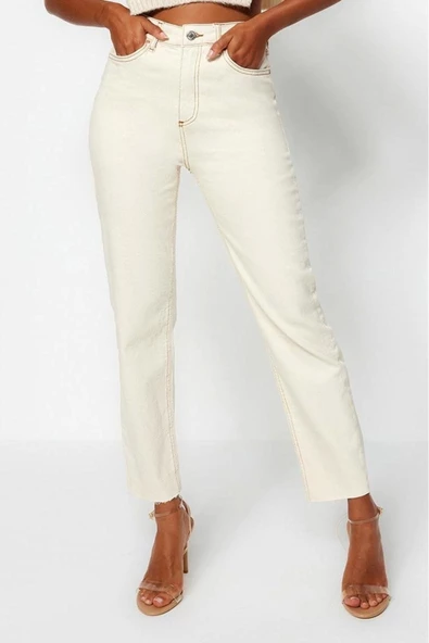 Kadın Moda Şık Kot Pantolon Boru Paça Uzun Boy Denim Ekru Yüksek Bel Slim Mom Jeans - 2