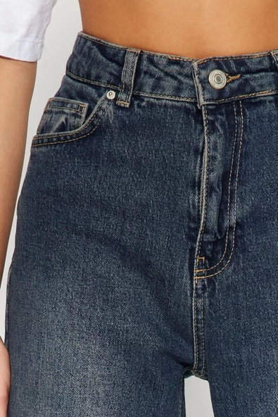 Kadın Moda Şık Kot Pantolon Boru Paça Regular Boy Denim Mavi Yüksek Bel Slim Mom Jeans - 5