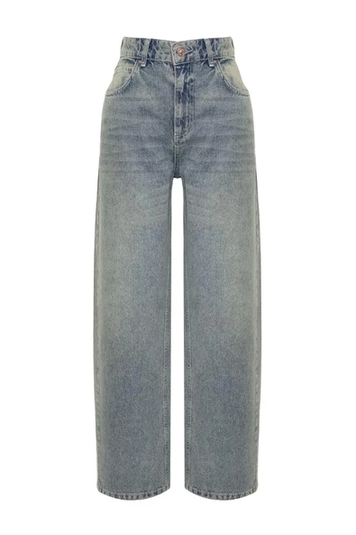 Kadın Moda Şık Kot Pantolon Geniş Paça Regular Boy Denim Mavi Soluk Vintage Düşük Bel