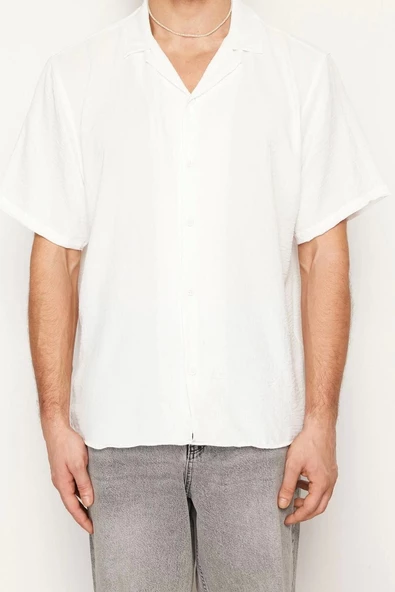 Erkek Moda Kısa Kol Dokuma Beyaz Oversize Fit Yazlık  Keten Görünümlü Gömlek