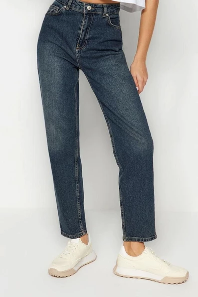 Kadın Moda Şık Kot Pantolon Boru Paça Regular Boy Denim Mavi Yüksek Bel Slim Mom Jeans - 3