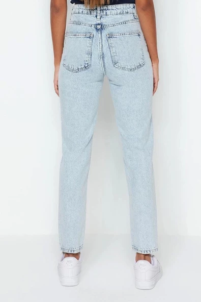 Kadın Moda Şık Kot Pantolon Geniş Paça Regular Boy Denim Yüksek Bel Mom Jeans - 6