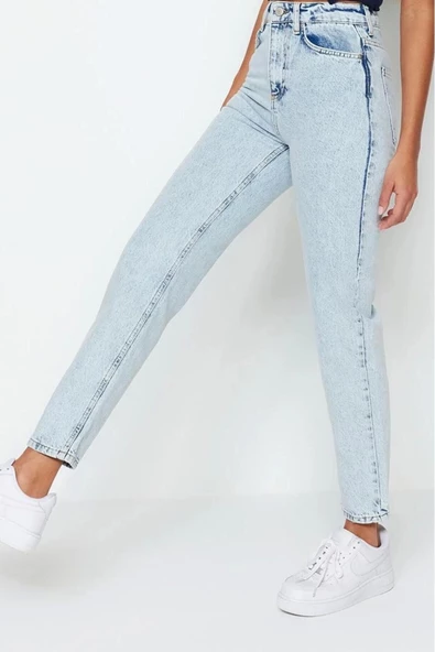 Kadın Moda Şık Kot Pantolon Geniş Paça Regular Boy Denim Yüksek Bel Mom Jeans - 3