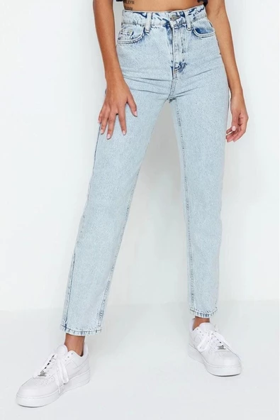 Kadın Moda Şık Kot Pantolon Geniş Paça Regular Boy Denim Yüksek Bel Mom Jeans - 4