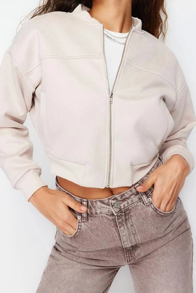 Kadın Moda Şık Bol Hakim Yaka Crop Düz Astarlı Oversize Süet Bomber Ceket Mont - 2