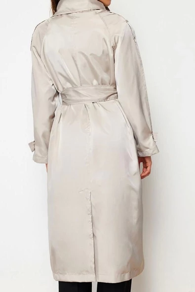 Kadın Moda Oversize Ceket Yaka Uzun Düz Astarlı Geniş Kesim Yaka Cıtcıtlı Parlak Kuşaklı Trençkot - 6