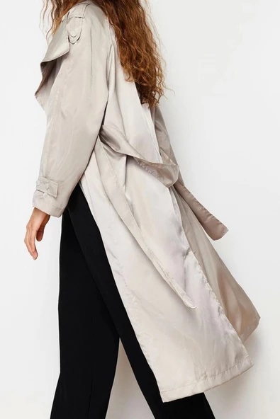 Kadın Moda Oversize Ceket Yaka Uzun Düz Astarlı Geniş Kesim Yaka Cıtcıtlı Parlak Kuşaklı Trençkot - 3