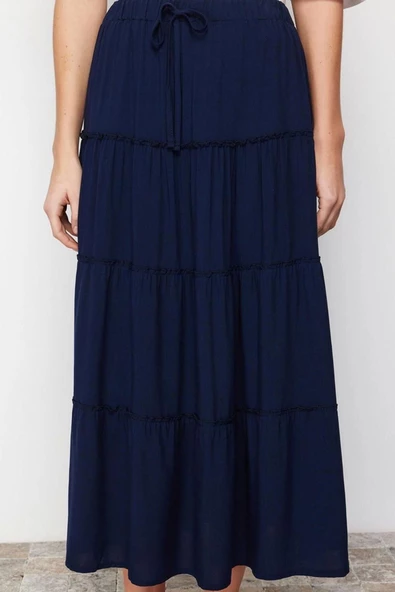 Kadın Moda Stil Maxi Astarsız Dokuma Belinde Büzgü Detaylı Kloş Maxi Boy Dokuma Etek