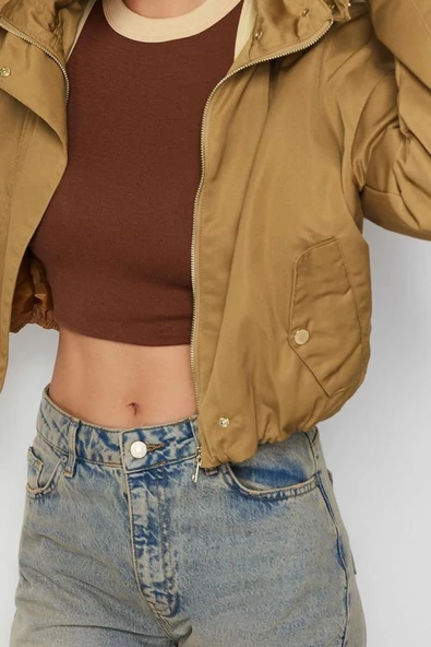 Kadın Moda Şık Bol Kapüşonlu Yaka Crop Düz Astarlı Crop Kol Kıvırma İnce Yağmurluk Rüzgarlık Mont - 2