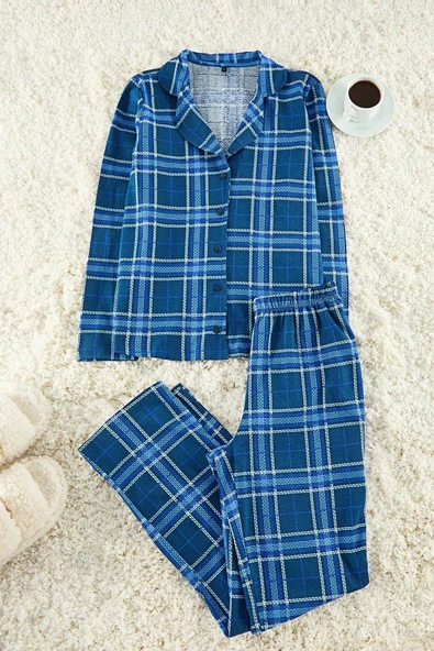 Kadın Moda Şık Gömlek Yaka Boru Paça Uzun Kol %100 Pamuklu Ekoseli Örme Pijama Takımı