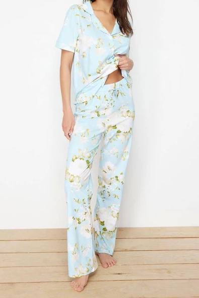 Kadın %100 Pamuk Gömlek Yaka Kısa Kol %100 Pamuk Çiçek Desenli Gömlek-Pantolon Örme Pijama Takımı - 3