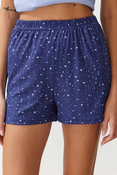 Kadın %100 Pamuk Bisiklet Yaka Kısa Kol %100 Pamuk Yıldız Desenli Örme Pijama Takımı - 5