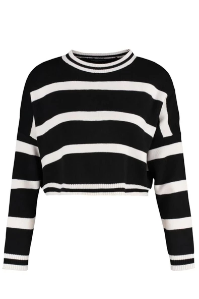 Kadın Moda Şık Crop Bisiklet Yaka Uzun Kol Çizgili Crop Triko Kazak