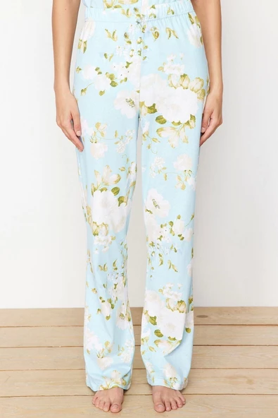 Kadın %100 Pamuk Gömlek Yaka Kısa Kol %100 Pamuk Çiçek Desenli Gömlek-Pantolon Örme Pijama Takımı - 5