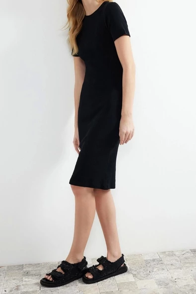 Yeni Slim Casual Günlük Rejenere Kaşkorse Örme Bisiklet Yaka Kısa Kol Bodycone Midi Boy Elbise - 4