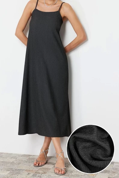 Yeni Regular Casual Günlük Bürümcük Örme Kare Yaka Askılı Kol A-Line Midi Boy Elbise - 3